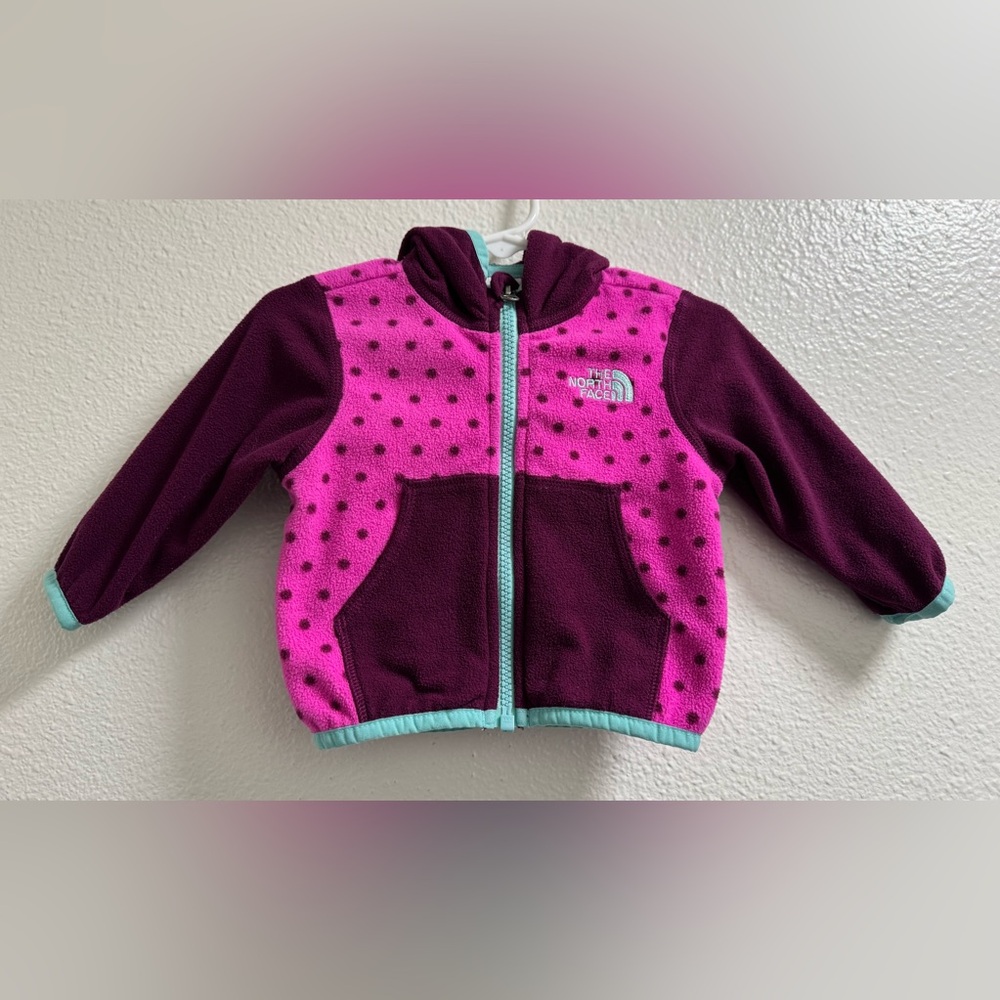 The North Face Polka Dot Hoodie Sweater Full Zip Fleece Pockets Baby Girl 3-6M